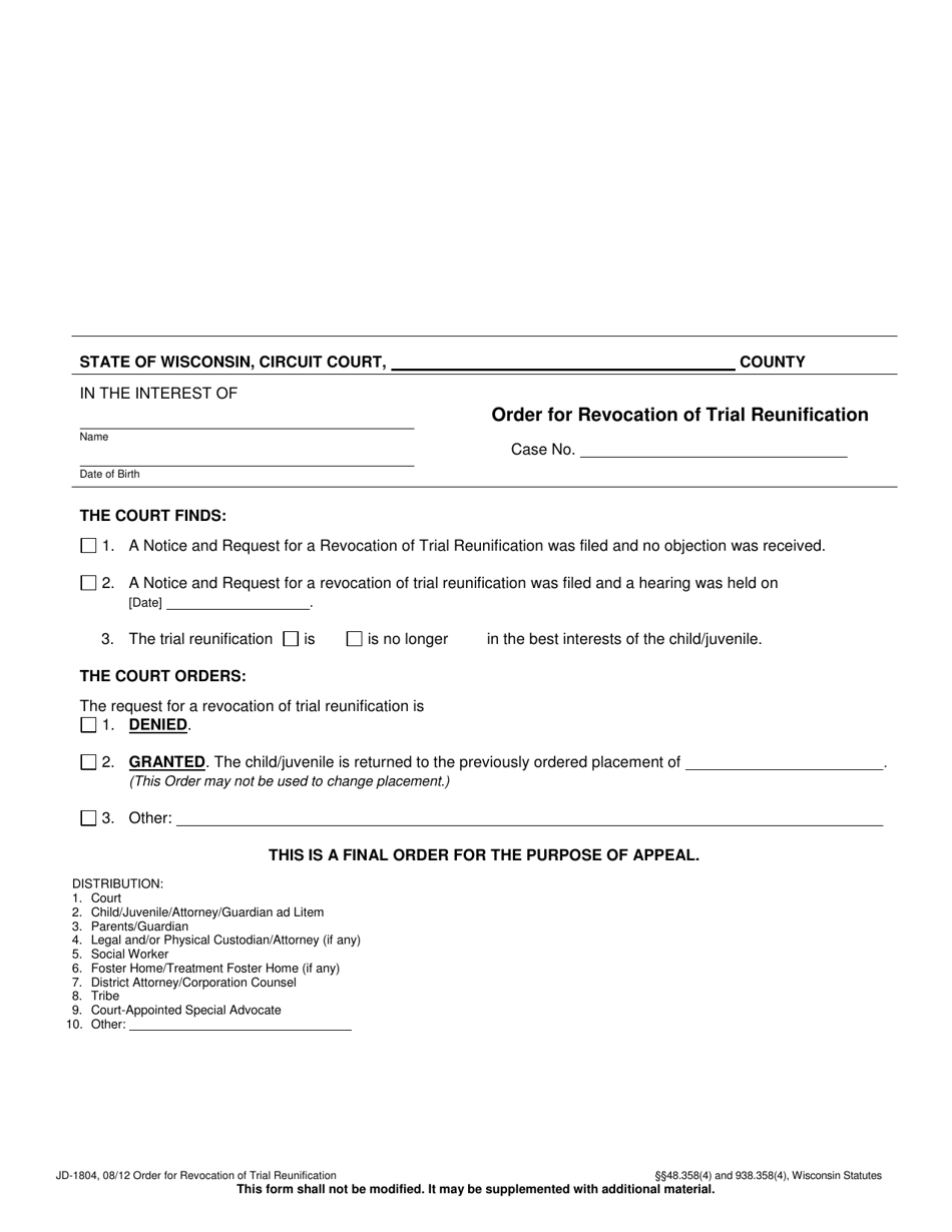 Form JD-1804 Order for Revocation of Trial Reunification - Wisconsin, Page 1