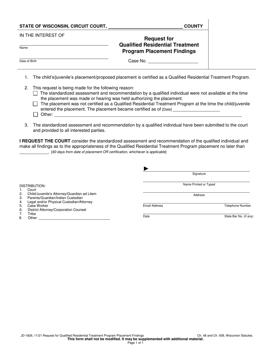 Form JD-1826 Request for Qualified Residential Treatment Program Placement Findings - Wisconsin, Page 1