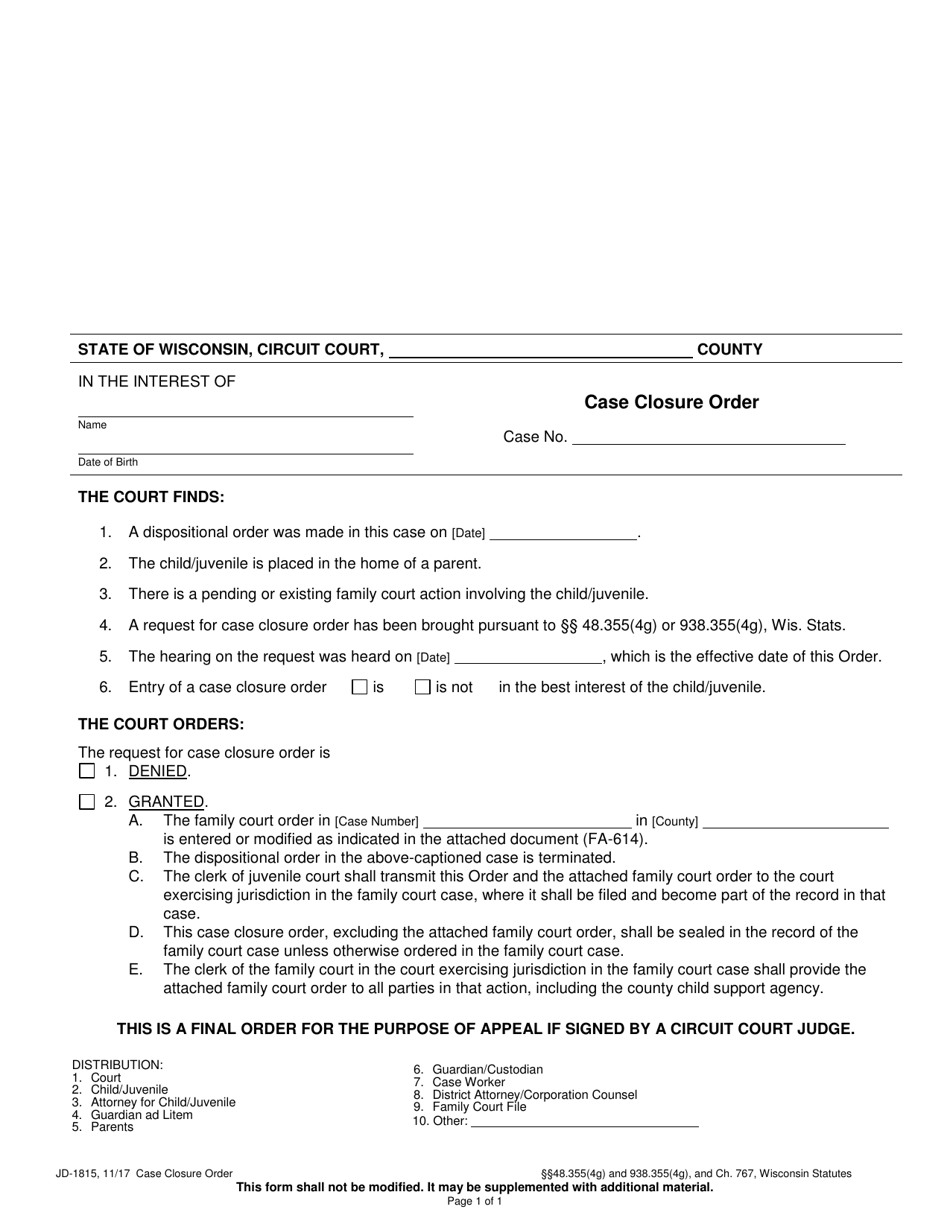 Form JD-1815 Case Closure Order - Wisconsin, Page 1