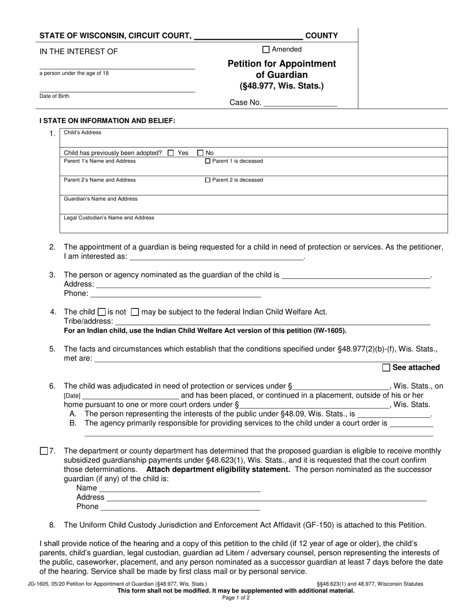Form JG-1605 Petition for Appointment of Guardian (48.977, Wis. Stats.) - Wisconsin, Page 1