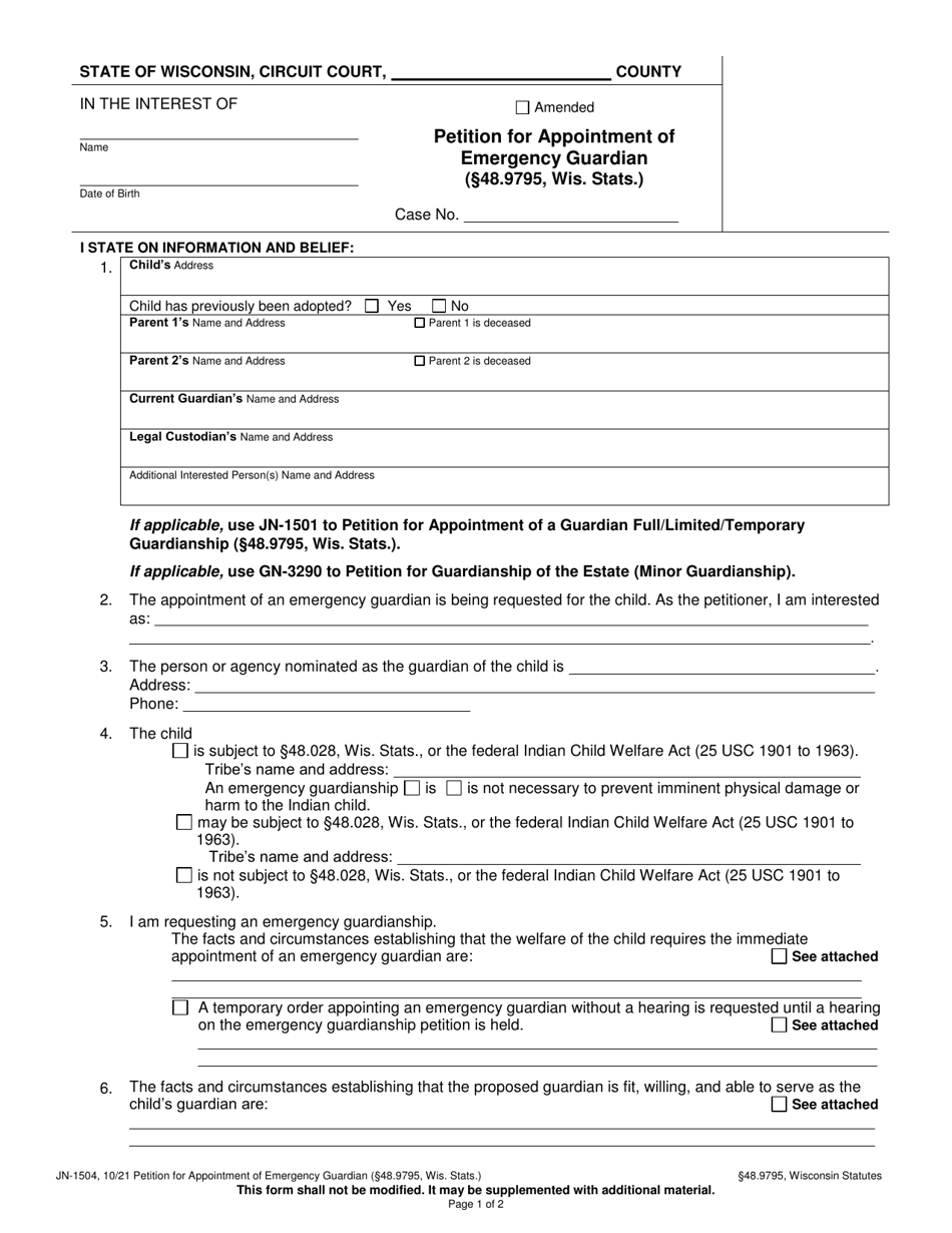 Form JN-1504 Petition for Appointment of Emergency Guardian (48.9795, Wis. Stats.) - Wisconsin, Page 1