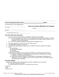Form ME-905 Order for Involuntary Medication and Treatment - Wisconsin
