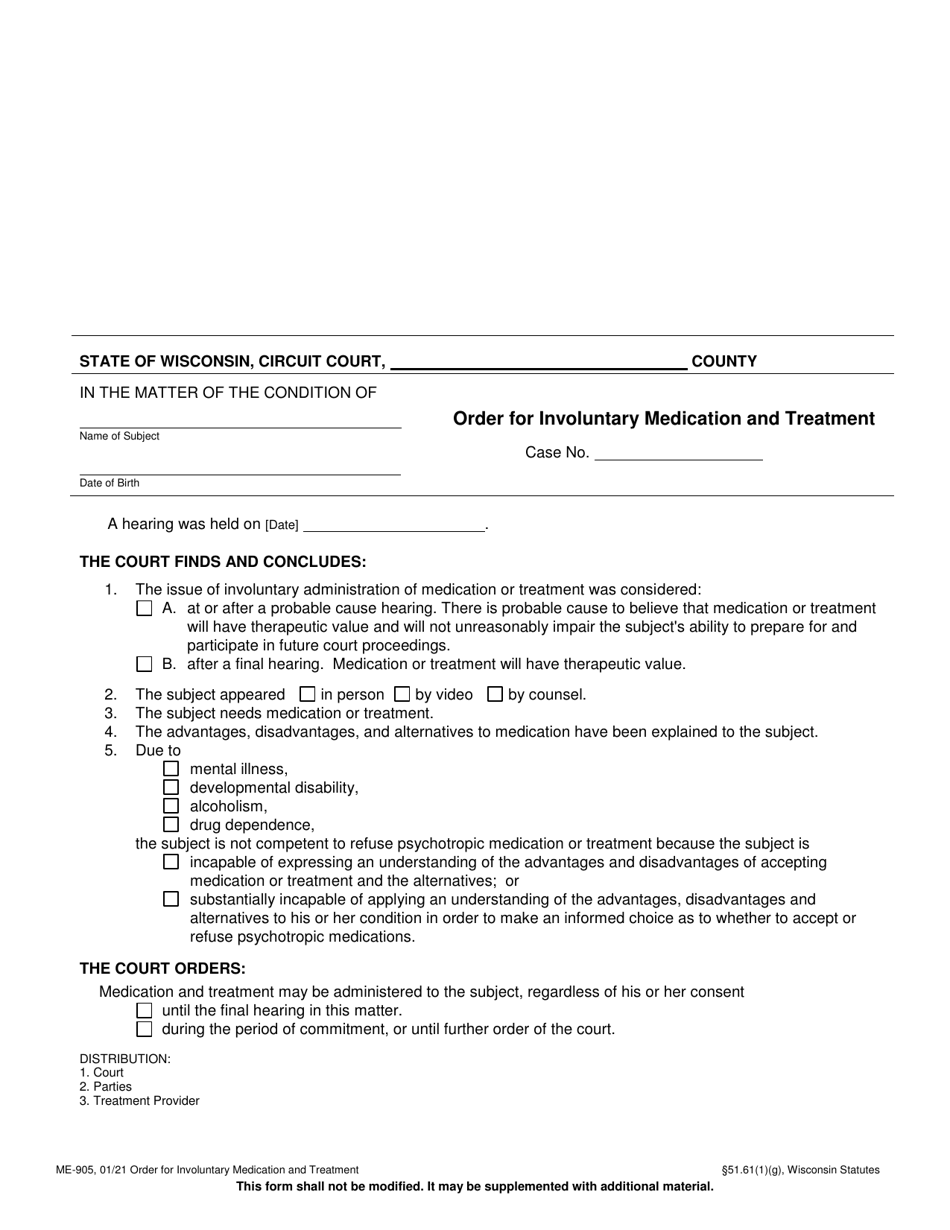 Form ME-905 Order for Involuntary Medication and Treatment - Wisconsin, Page 1