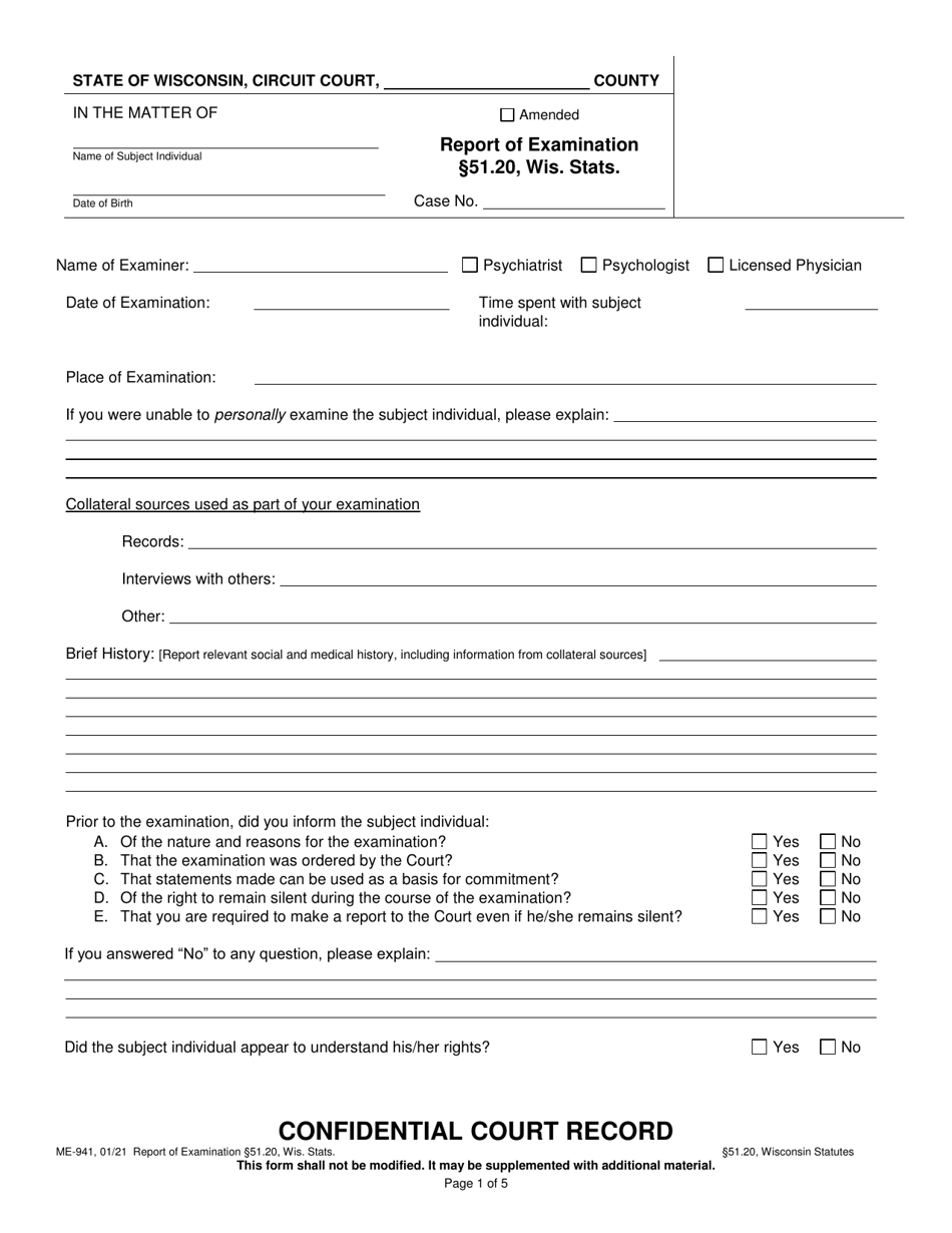 Form ME-941 Report of Examination 51.20, Wis. Stats. - Wisconsin, Page 2