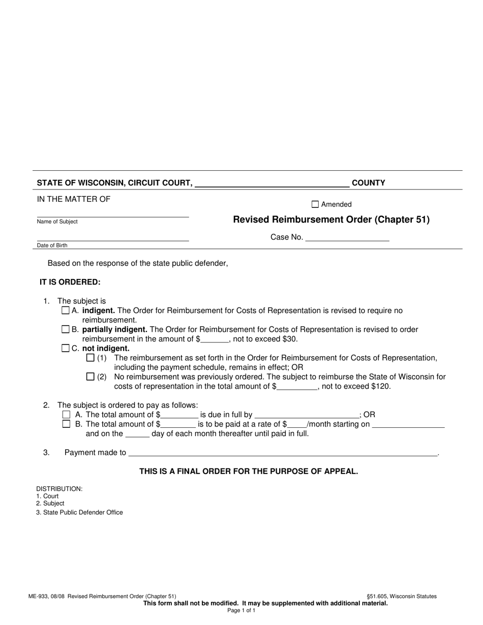 Form ME-933 Revised Reimbursement Order (Chapter 51) - Wisconsin, Page 1
