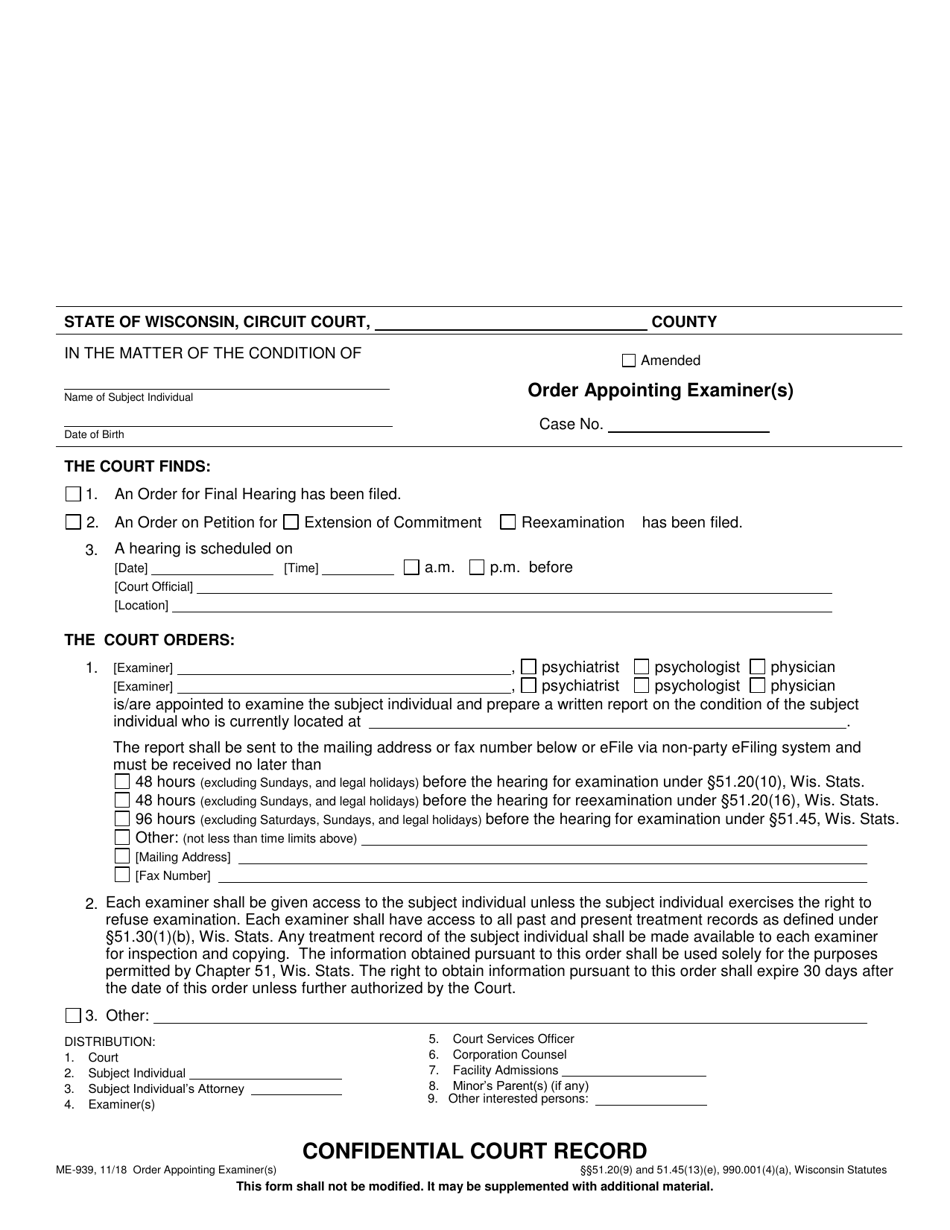 Form ME-939 Order Appointing Examiner(S) - Wisconsin, Page 1