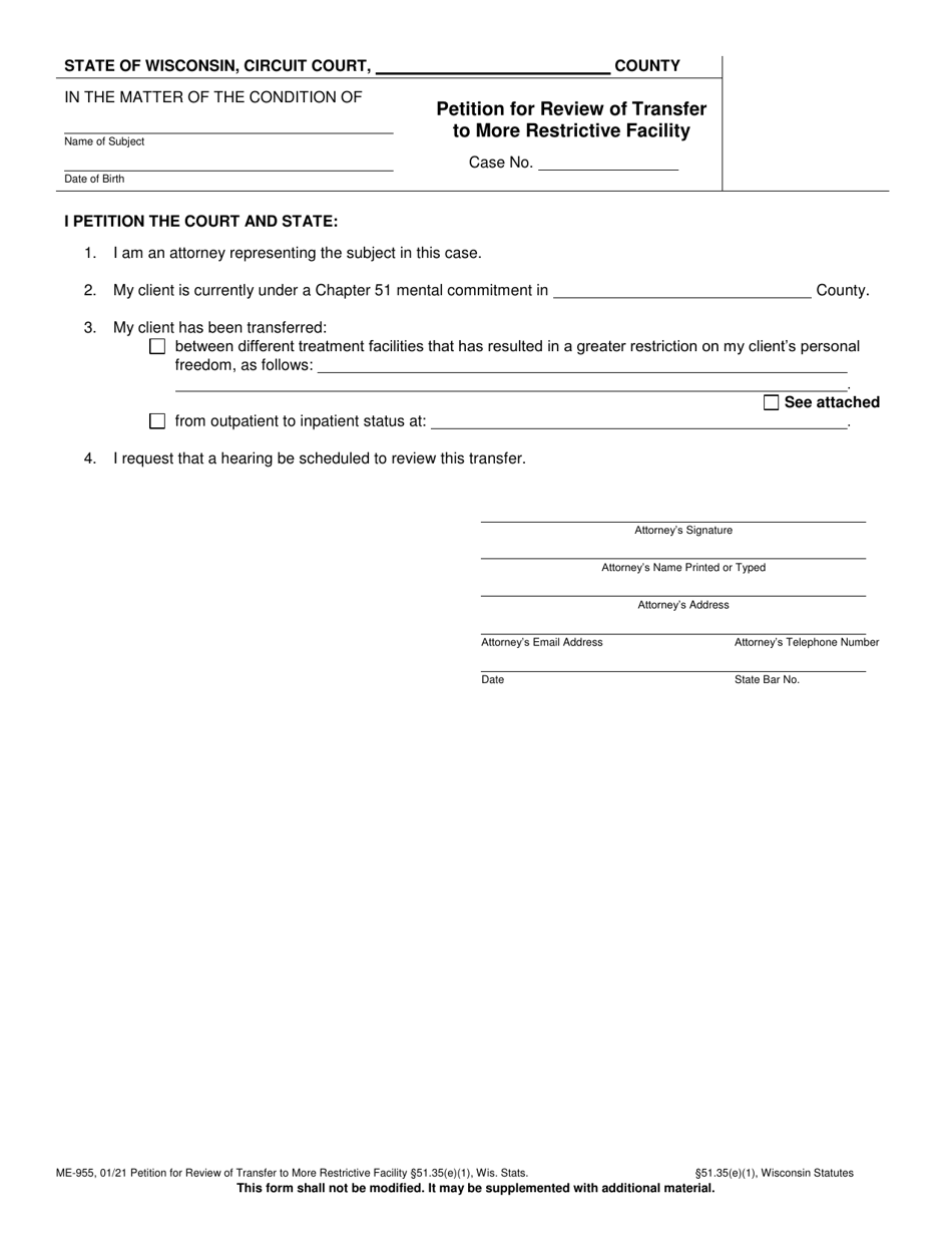Form ME-955 Petition for Review of Transfer to More Restrictive Facility - Wisconsin, Page 1
