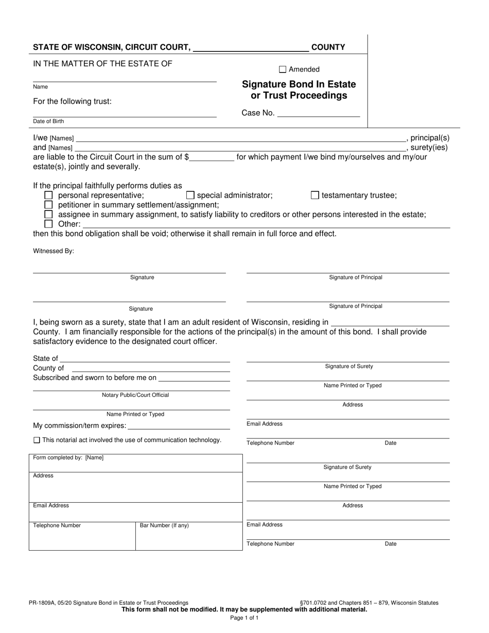 Form PR-1809A Signature Bond in Estate or Trust Proceedings - Wisconsin, Page 1
