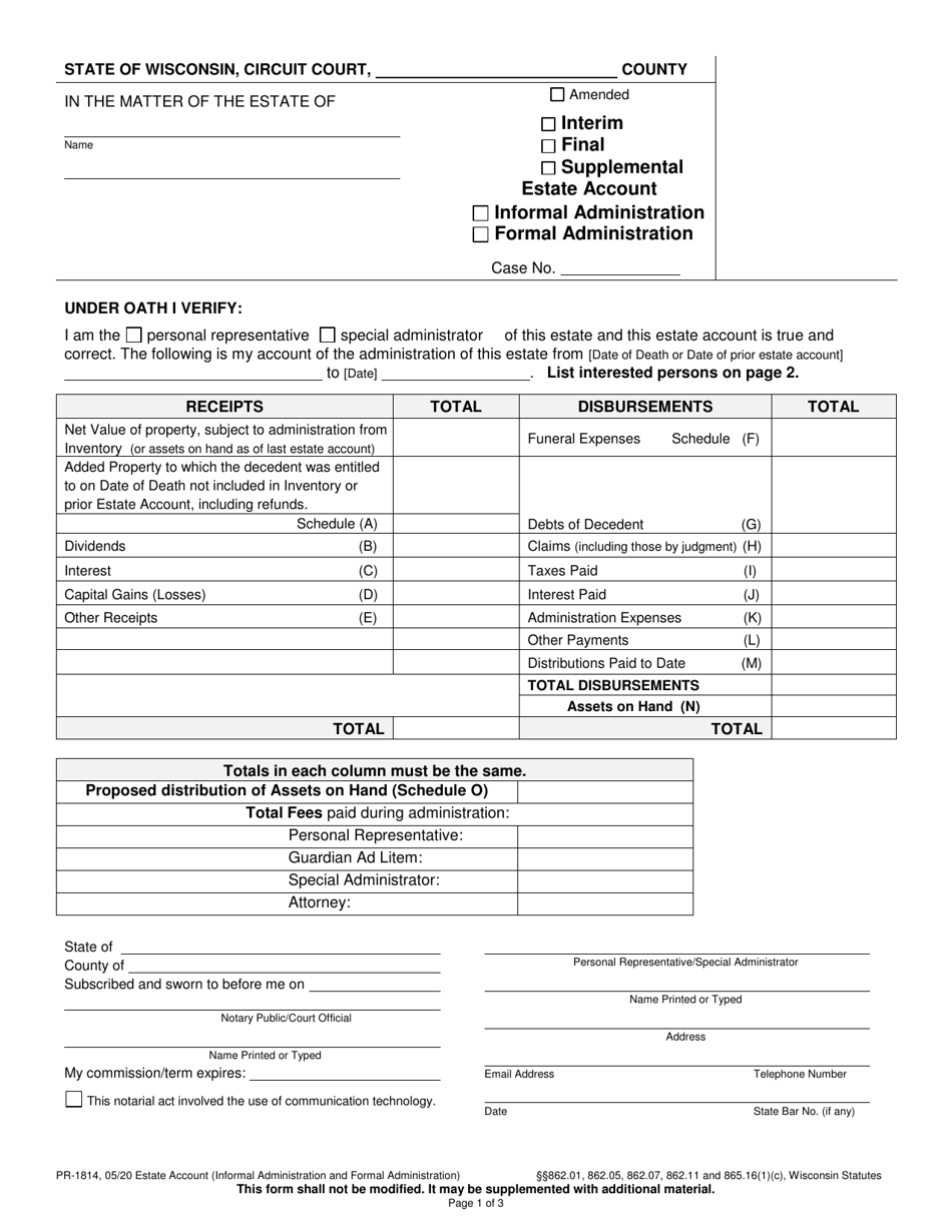 Form PR-1814 Estate Account (Informal and Formal Administration) - Wisconsin, Page 1