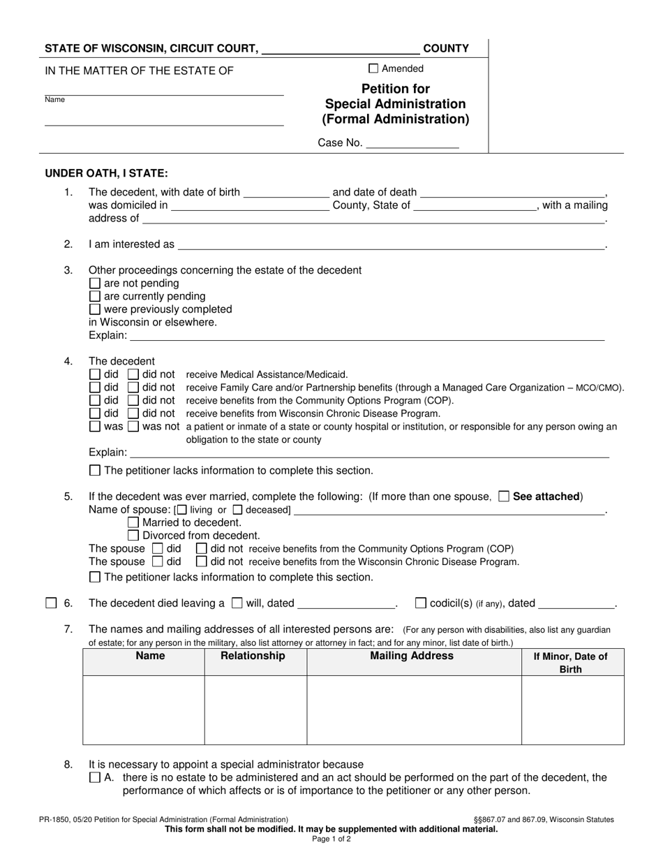 Form PR-1850 Petition for Special Administration - Wisconsin, Page 1
