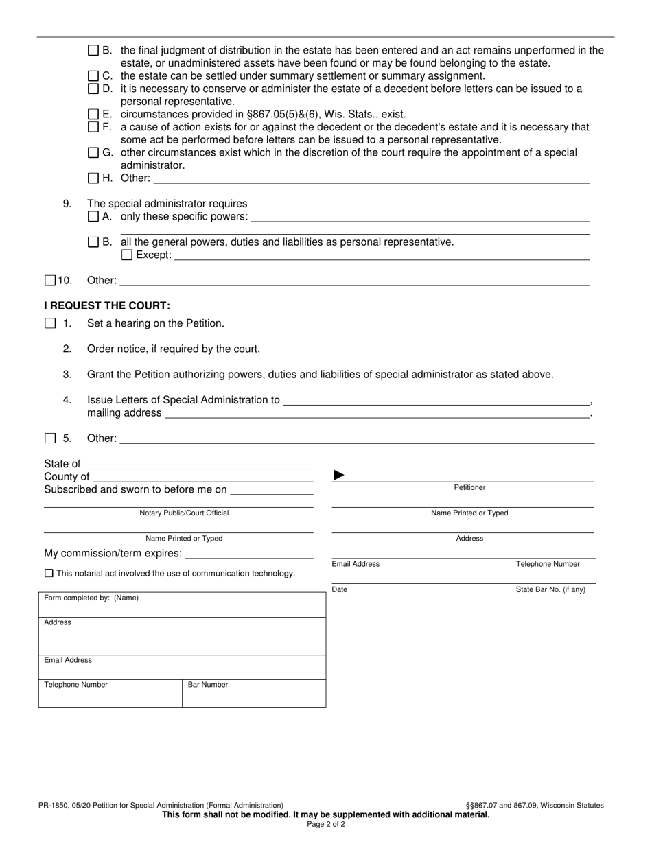 Form PR-1850 Petition for Special Administration - Wisconsin, Page 2