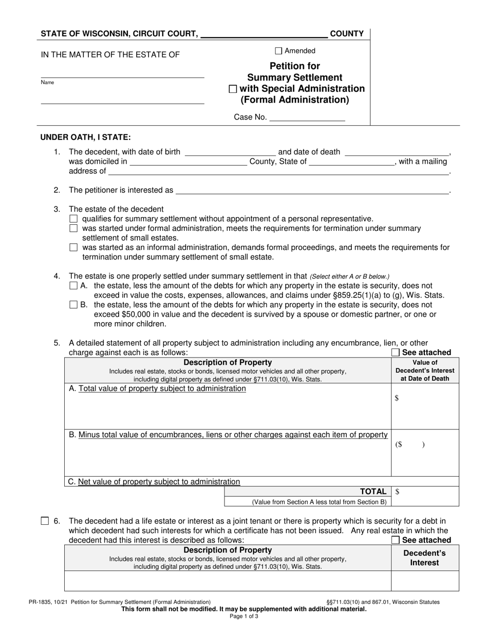 Form PR-1835 Petition for Summary Settlement - Wisconsin, Page 1