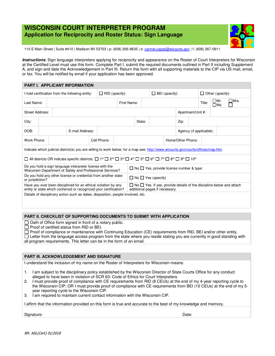 Application for Reciprocity and Roster Status - Sign Language - Wisconsin Court Interpreter Program - Wisconsin, Page 1