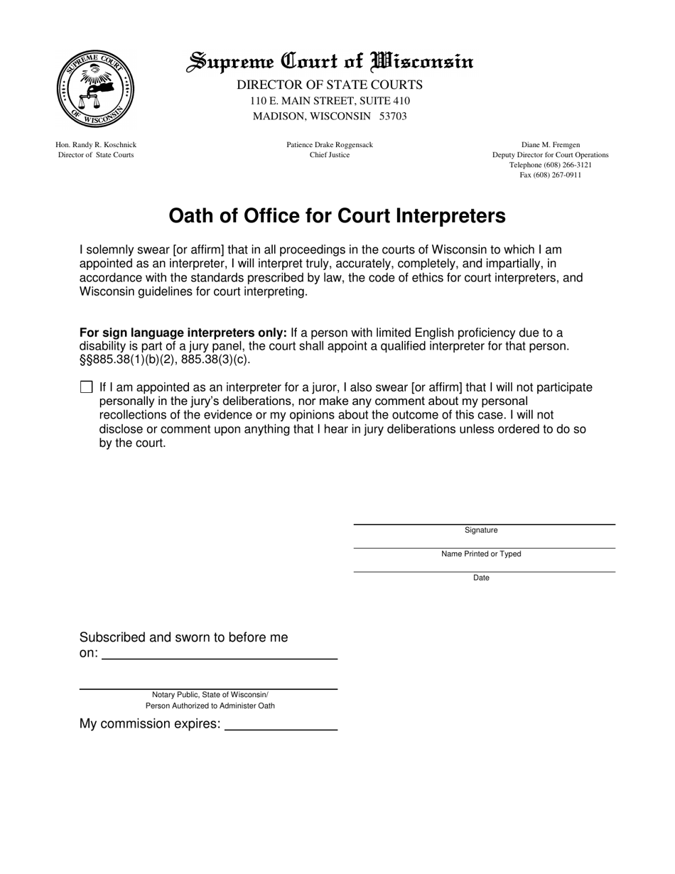 Oath of Office for Court Interpreters - Wisconsin, Page 1