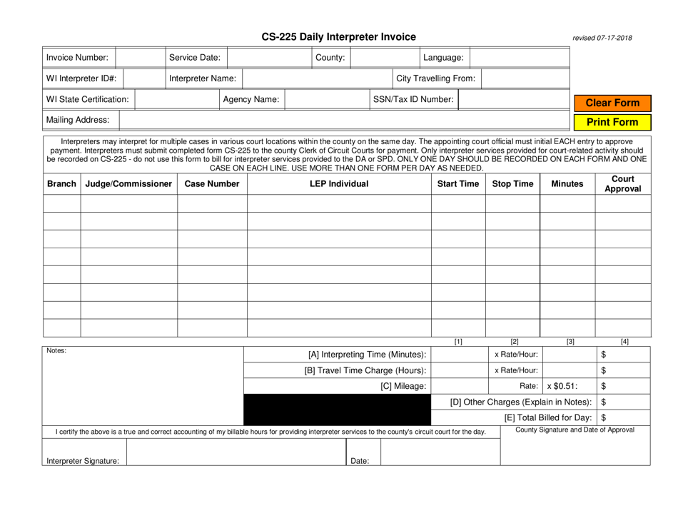 Form CS-225 Daily Interpreter Invoice - Wisconsin, Page 1
