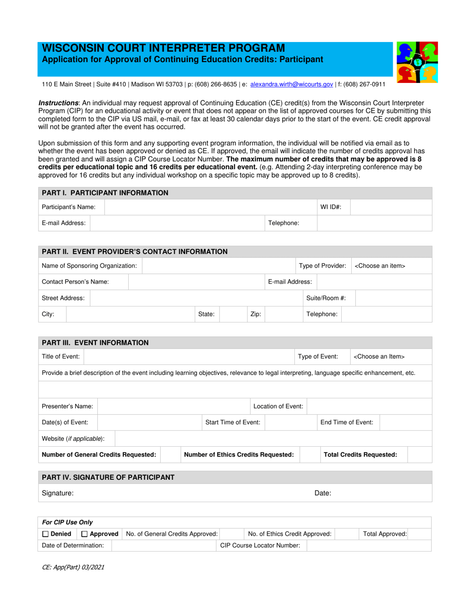 Application for Approval of Continuing Education Credits - Participant - Wisconsin Court Interpreter Program - Wisconsin, Page 1