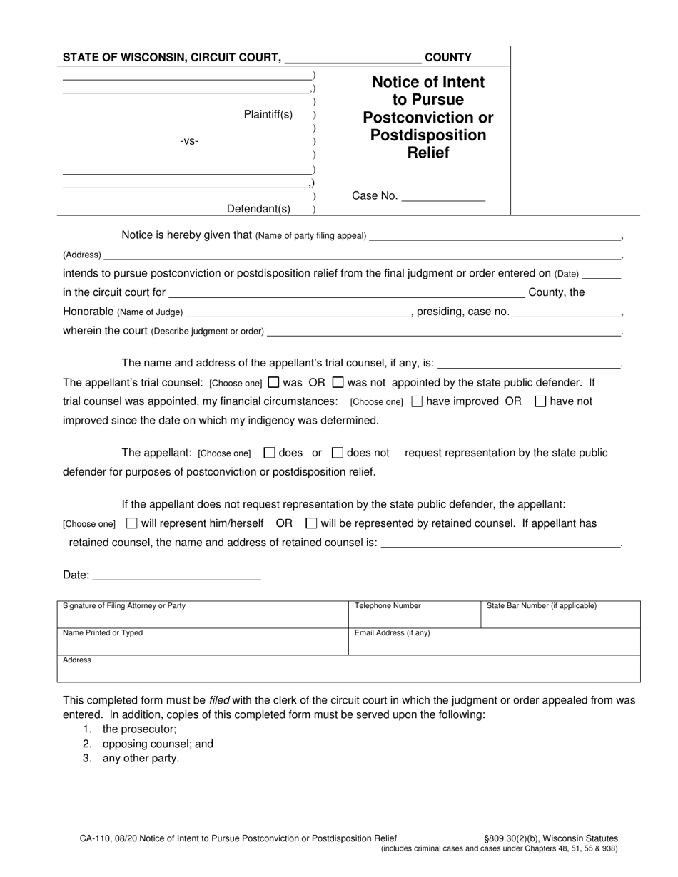 Form CA-110 Notice of Intent to Pursue Postconviction or Postdisposition Relief - Wisconsin, Page 1