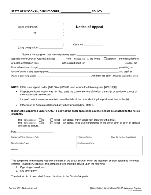 Form CA-120 Notice of Appeal - Wisconsin
