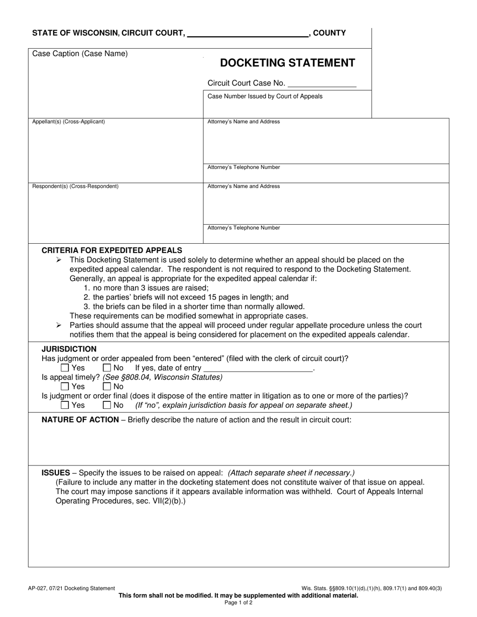 Form AP-027 Docketing Statement - Wisconsin, Page 1