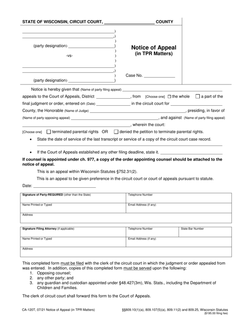Form CA-120T Notice of Appeal (In Tpr Matters) - Wisconsin
