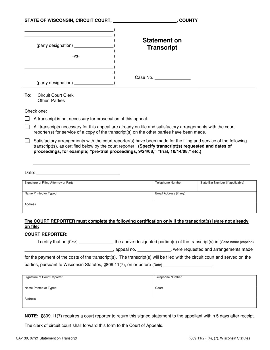 Form CA-130 Statement on Transcript - Wisconsin, Page 1
