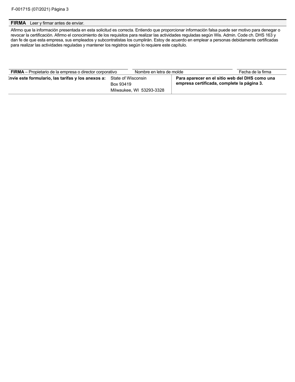 Formulario F-00171 Solicitud De Certificacion De Empresa Para Trabajos Con Plomo - Wisconsin (Spanish), Page 2
