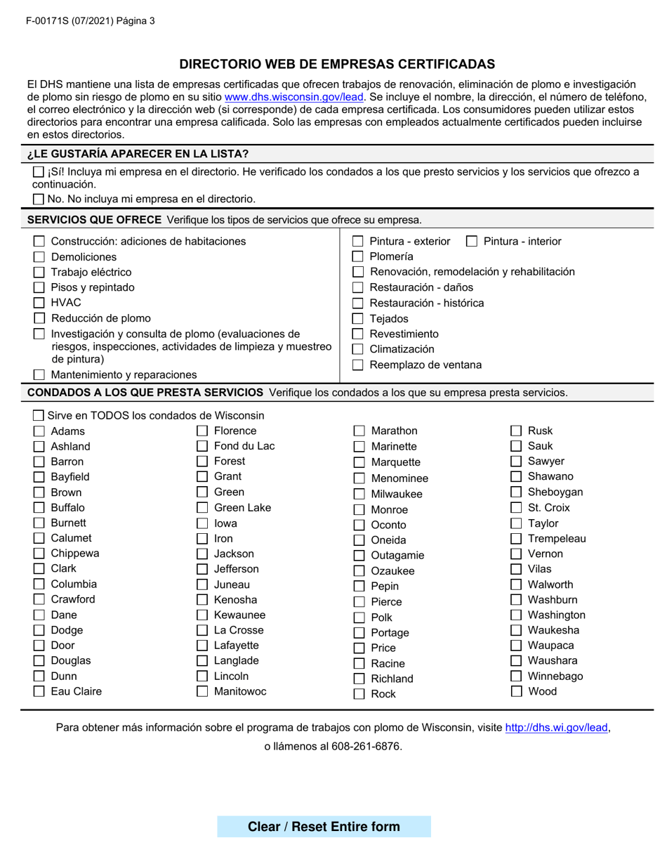 Formulario F-00171 Solicitud De Certificacion De Empresa Para Trabajos Con Plomo - Wisconsin (Spanish), Page 3