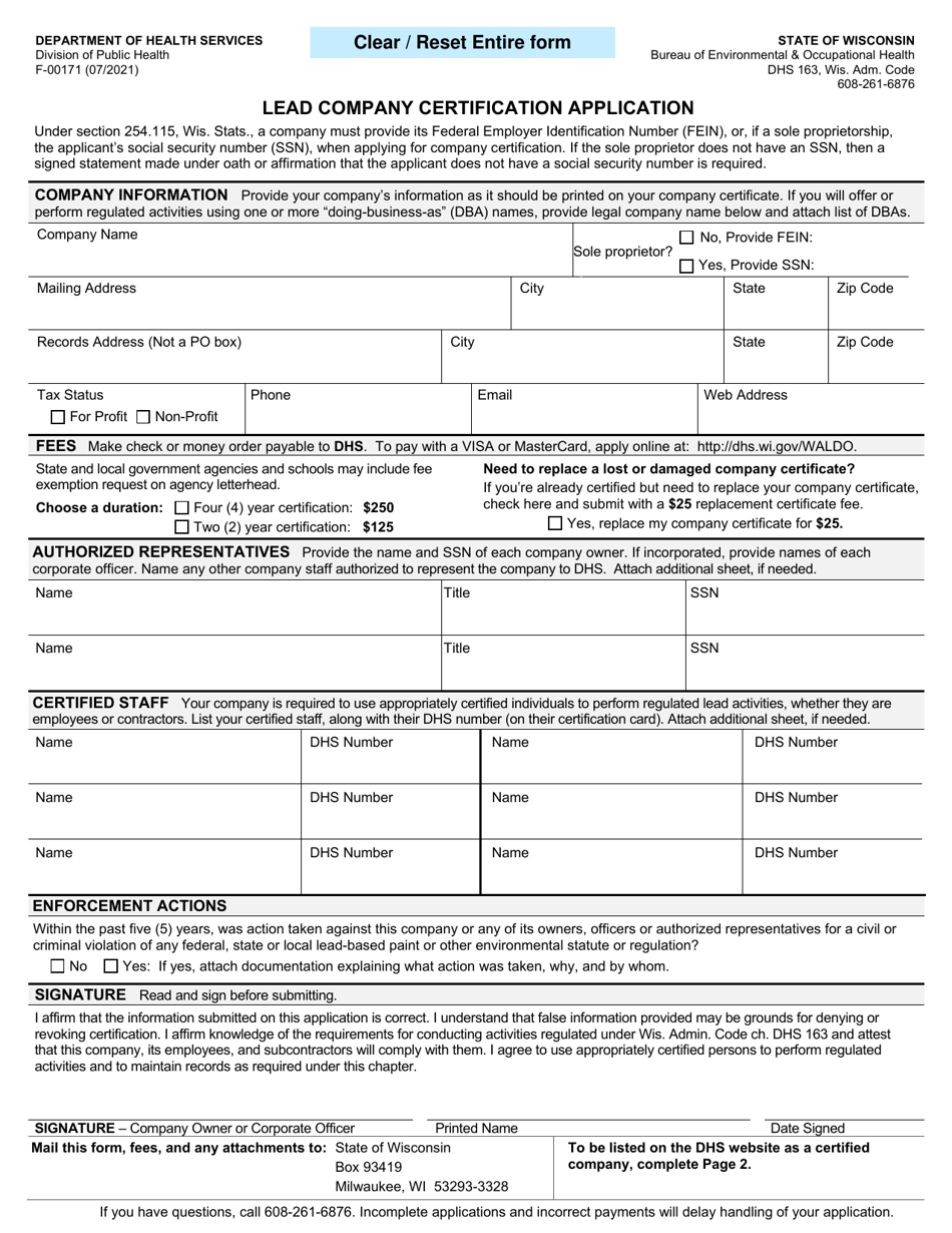 Form F-00171 Lead Company Certification Application - Wisconsin, Page 1