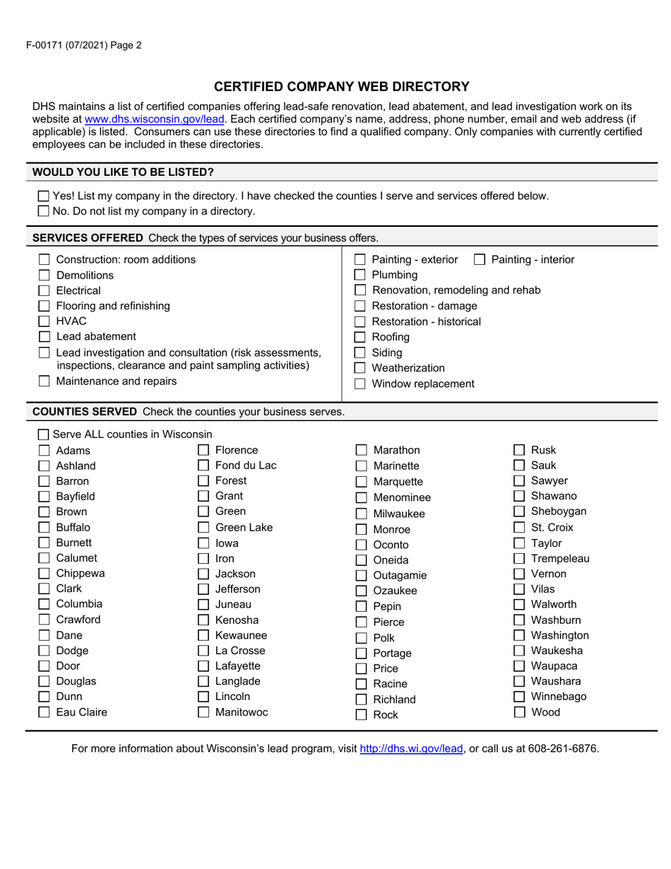Form F-00171 Lead Company Certification Application - Wisconsin, Page 2