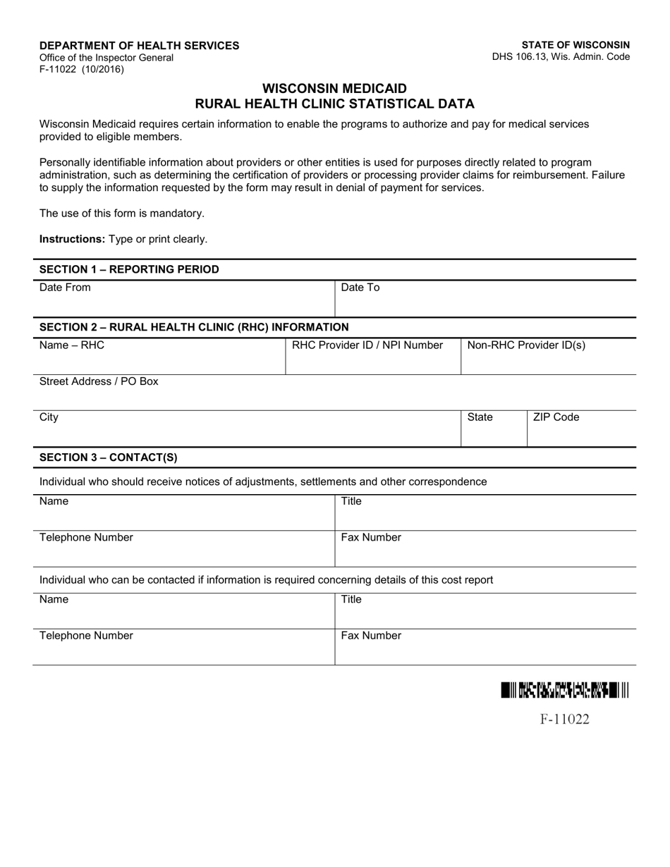 Form F-11022 Rural Health Clinic Statistical Data - Wisconsin, Page 1