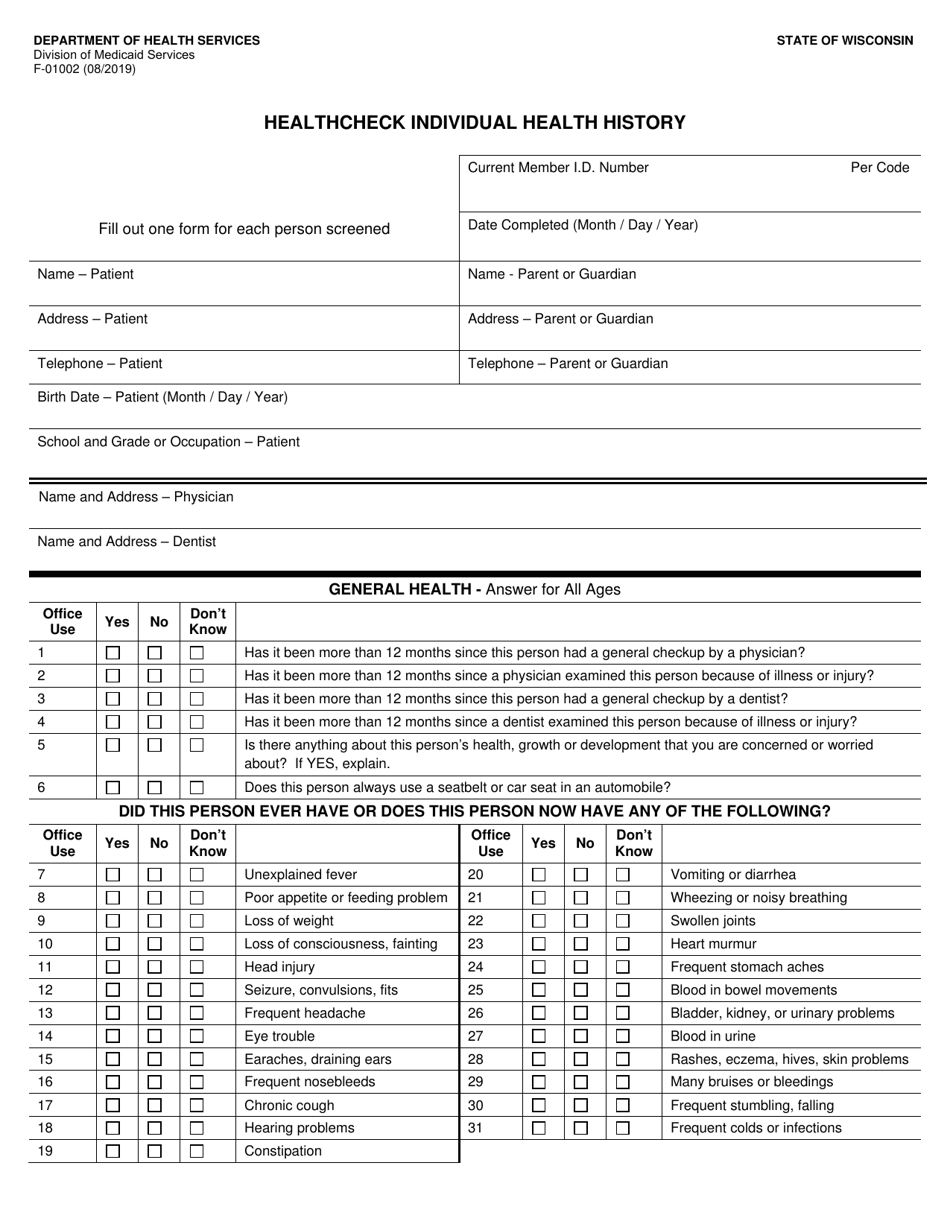 Form F-01002 Healthcheck Individual Health History - Wisconsin, Page 1