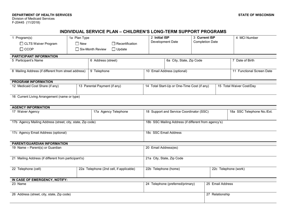 Form F-20445 Individual Service Plan - Childrens Long-Term Support Programs - Wisconsin, Page 1