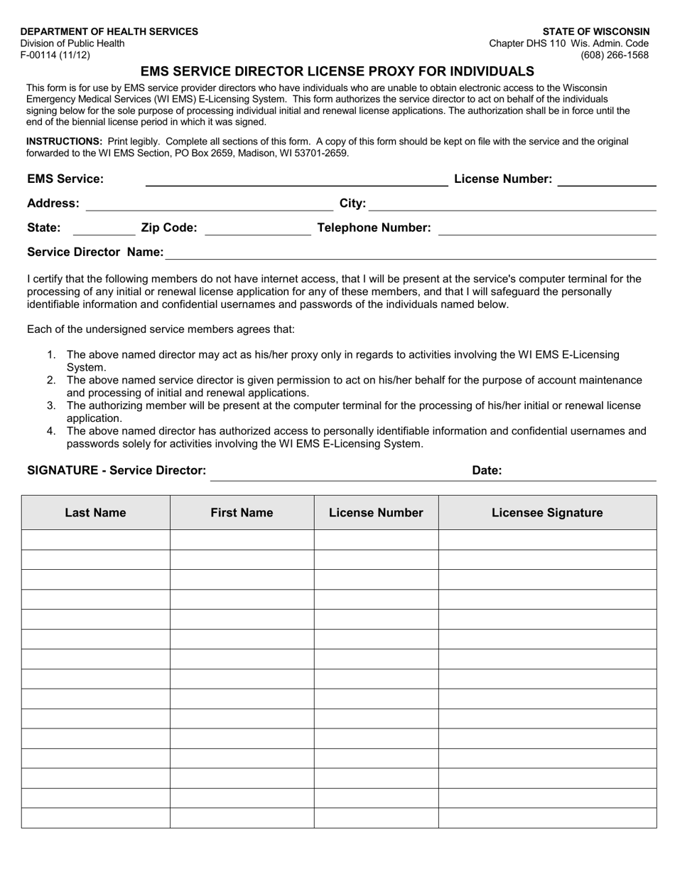 Form F-00114 EMS Service Director License Proxy for Individuals - Wisconsin, Page 1
