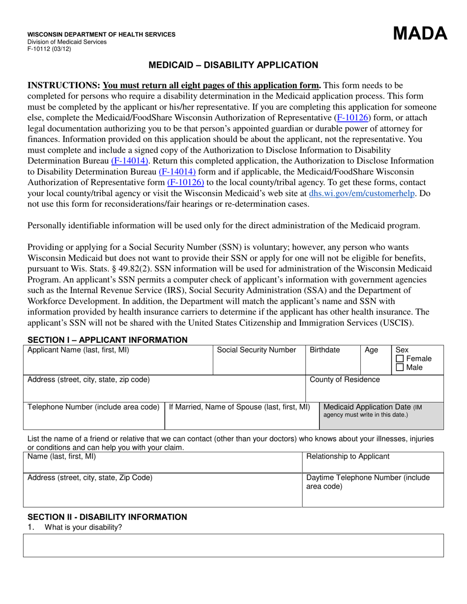 Form F-10112 Medicaid - Disability Application - Wisconsin, Page 1