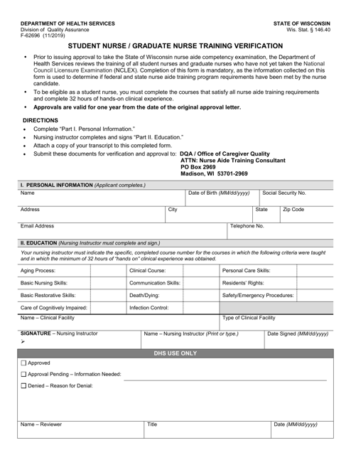 Form F-62696 Student Nurse/Graduate Nurse Training Verification - Wisconsin