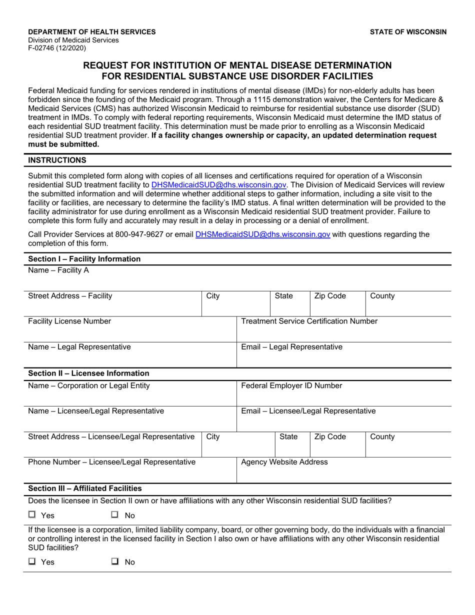 Form F-02746 Request for Institution of Mental Disease Determination for Residential Substance Use Disorder Facilities - Wisconsin, Page 1
