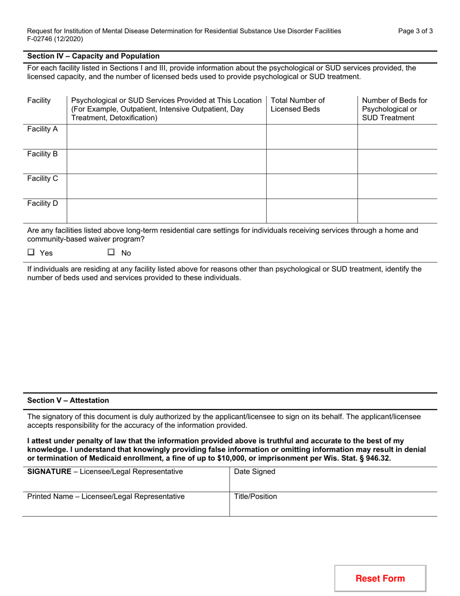 Form F-02746 Request for Institution of Mental Disease Determination for Residential Substance Use Disorder Facilities - Wisconsin, Page 3