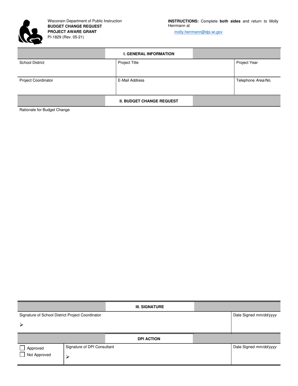 Form PI-1829 Budget Change Request - Project Aware Grant - Wisconsin, Page 1