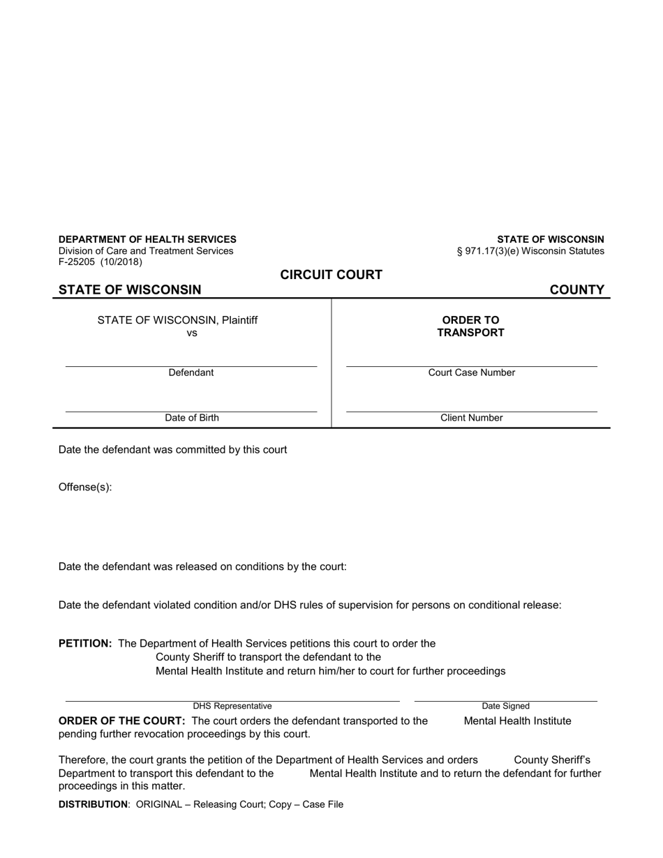 Form F-25205 Order to Transport - Wisconsin, Page 1
