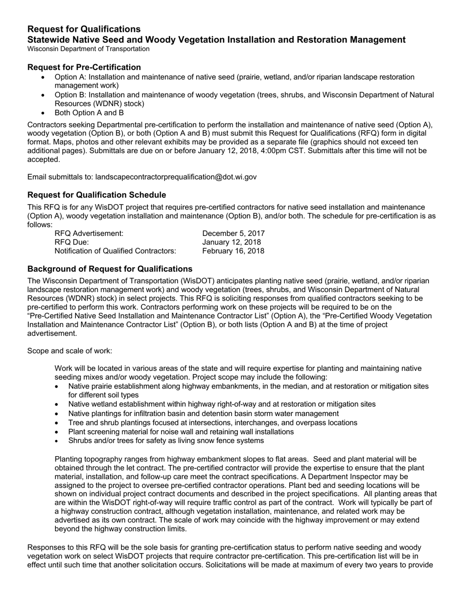 Request for Qualifications - Statewide Native Seed and Woody Vegetation Installation and Restoration Management - Wisconsin, Page 1