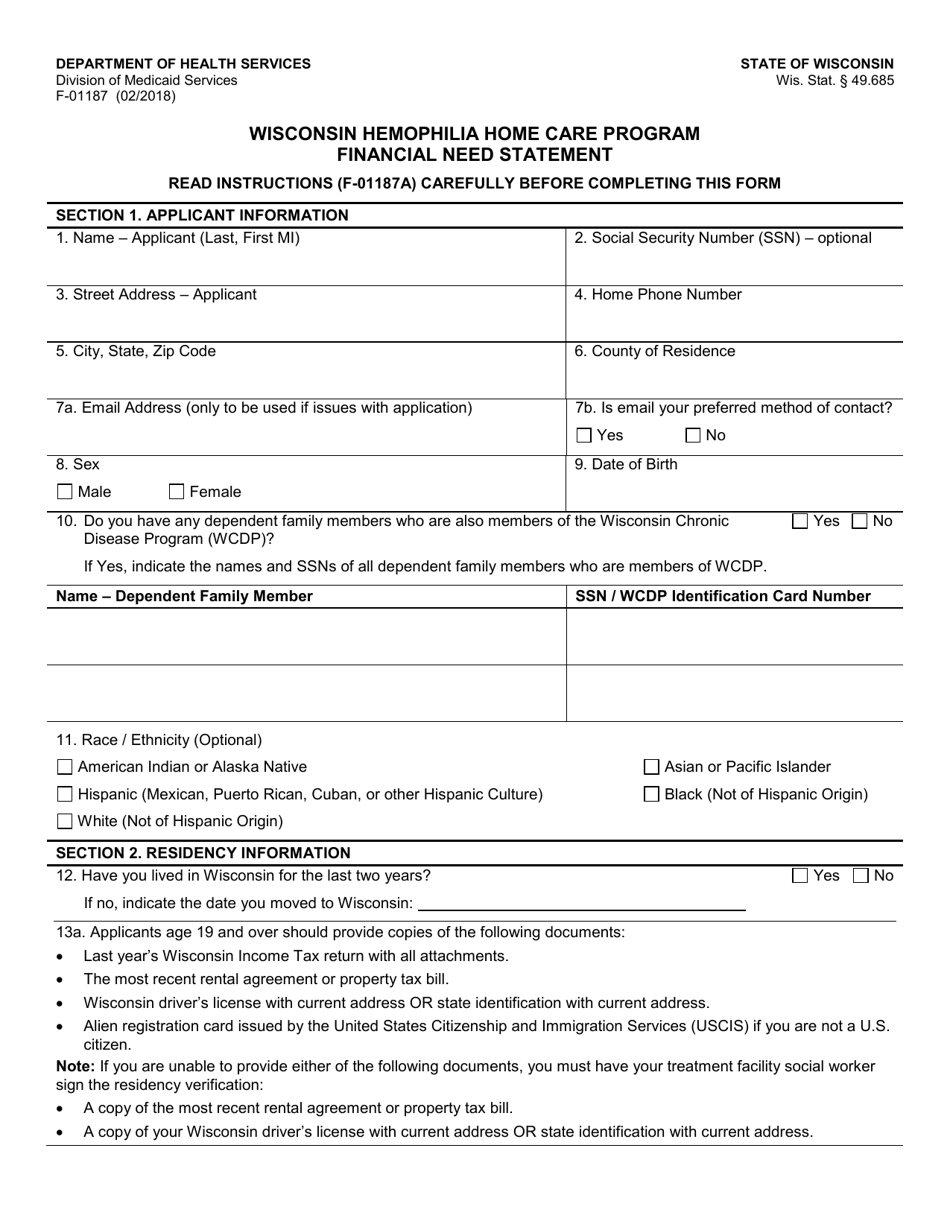 Form F-01187 Financial Need Statement - Wisconsin Hemophilia Home Care Program - Wisconsin, Page 1