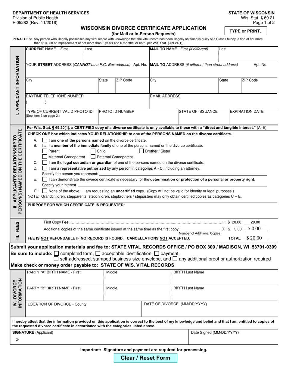 Form F-05282 Wisconsin Divorce Certificate Application - Wisconsin, Page 1