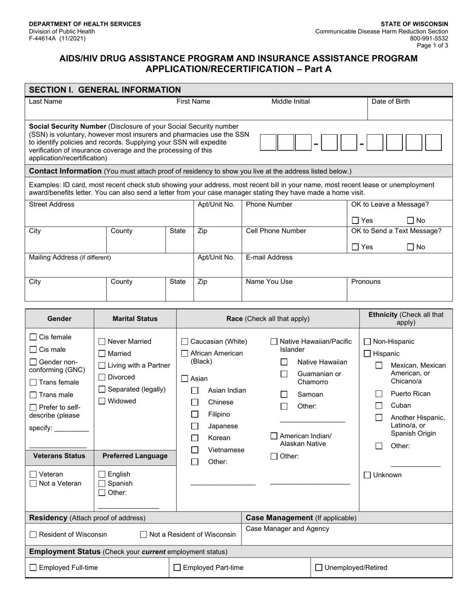 Form F-44614A Part A Application / Recertification - AIDS / HIV Drug Assistance Program and Insurance Assistance Program - Wisconsin, Page 1