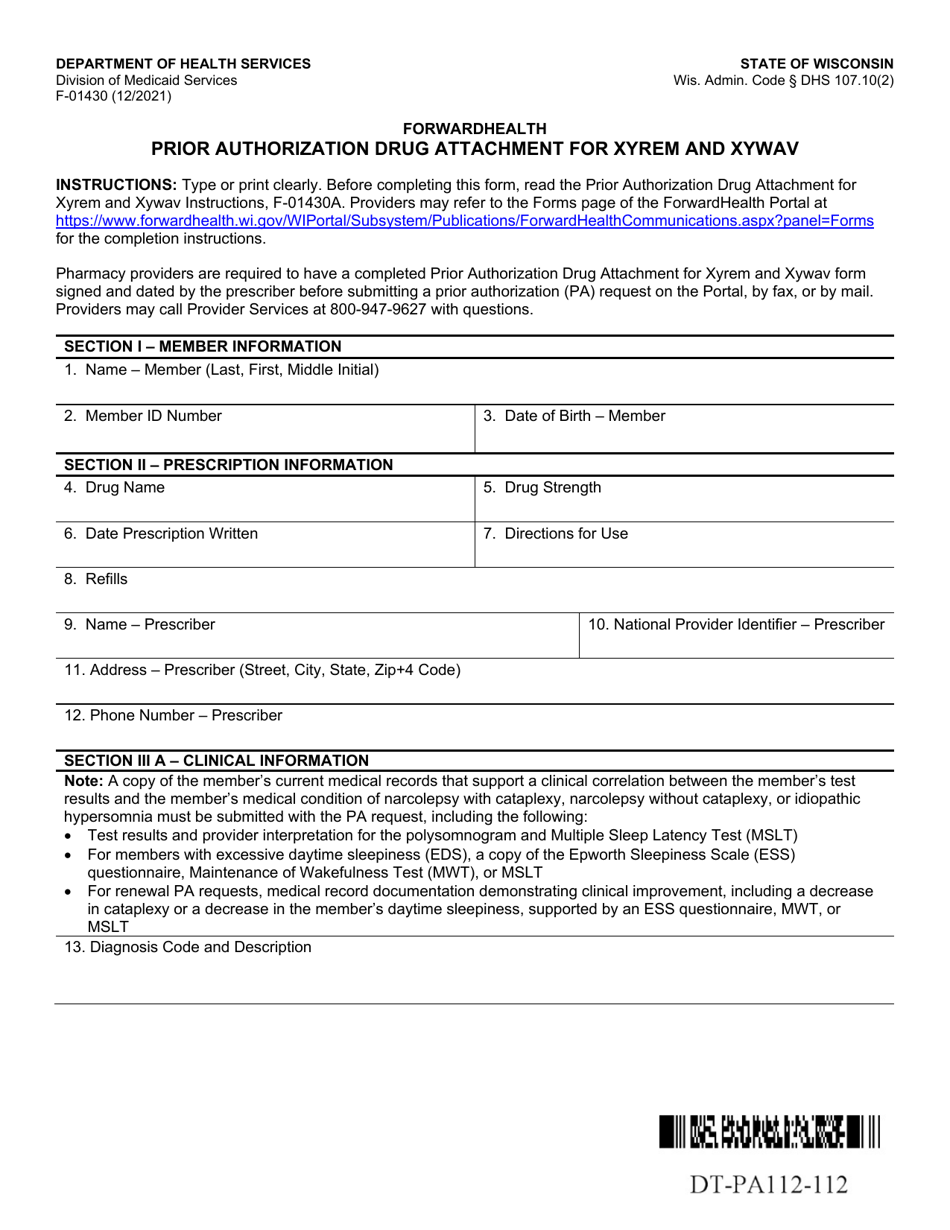 Form F-01430 Prior Authorization Drug Attachment for Xyrem and Xywav - Wisconsin, Page 1