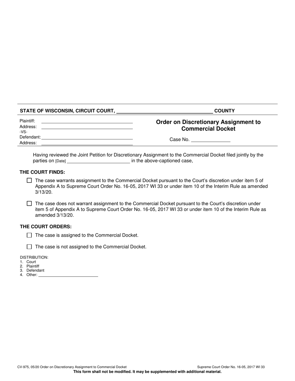 Form CV-975 Order on Discretionary Assignment to Commercial Docket - Wisconsin, Page 1