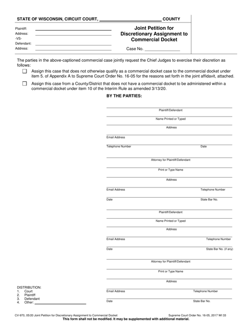 Form CV-970 Joint Petition for Discretionary Assignment to Commercial Docket - Wisconsin