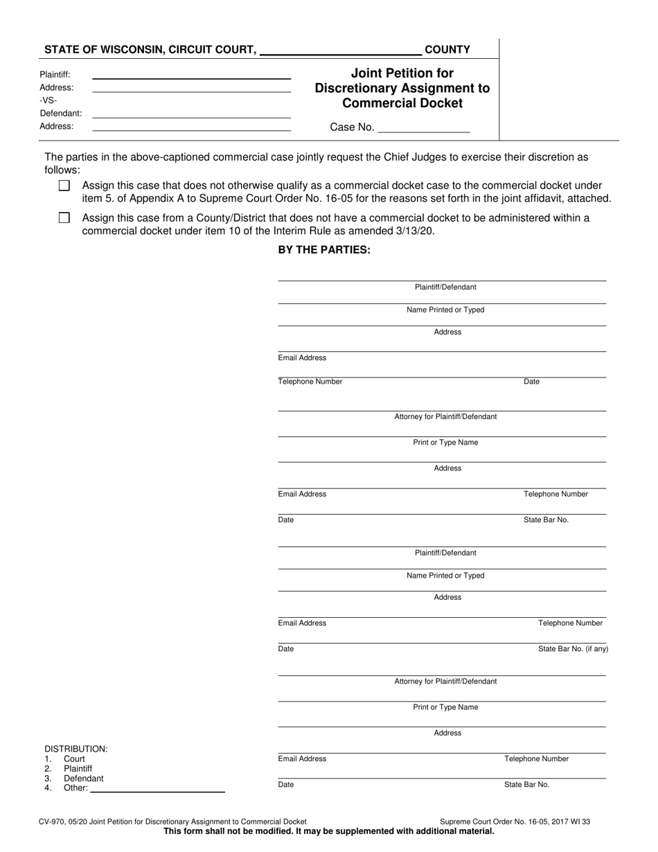 Form CV-970 Joint Petition for Discretionary Assignment to Commercial Docket - Wisconsin, Page 1