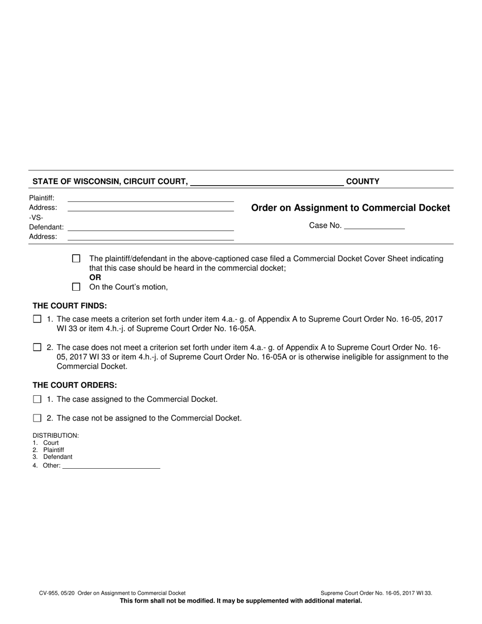 Form CV-955 Order on Assignment to Commercial Docket - Wisconsin, Page 1