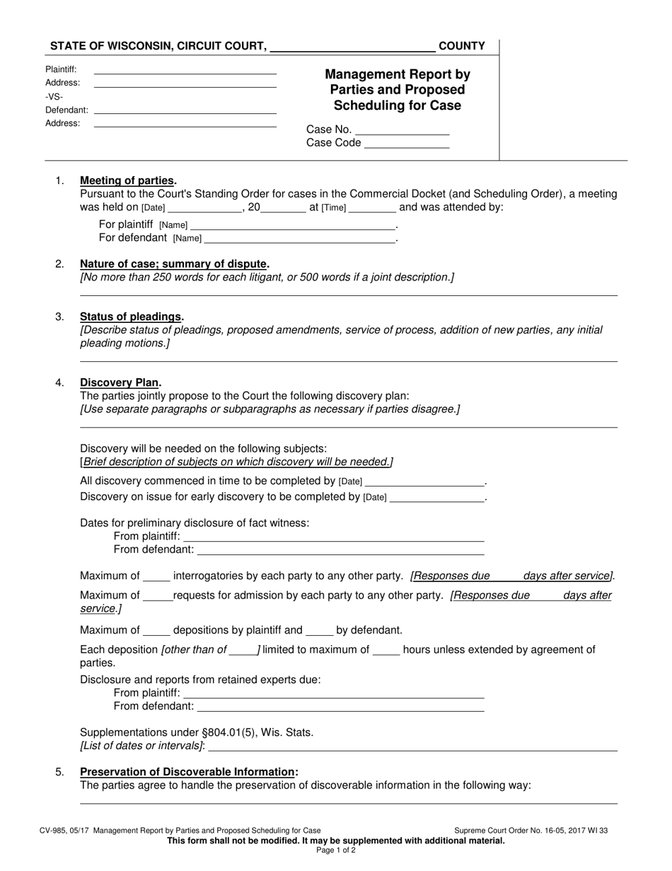 Form CV-985 Management Report by Parties and Proposed Scheduling for Case - Wisconsin, Page 1