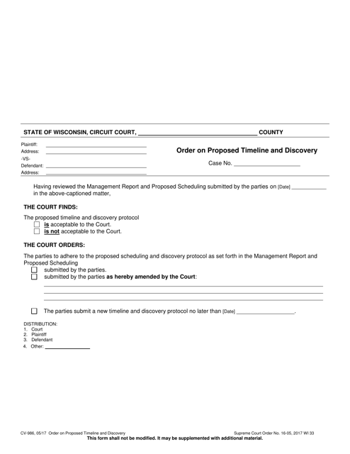 Form CV-986 Order on Proposed Timeline and Discovery - Wisconsin